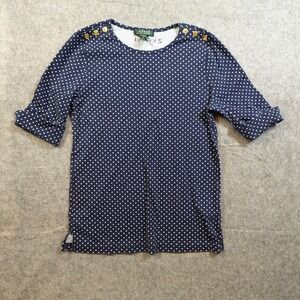 Ralph Lauren Top Womens Medium Blue Navy Half Sleeve Polka Dot Boat Neck Preppy